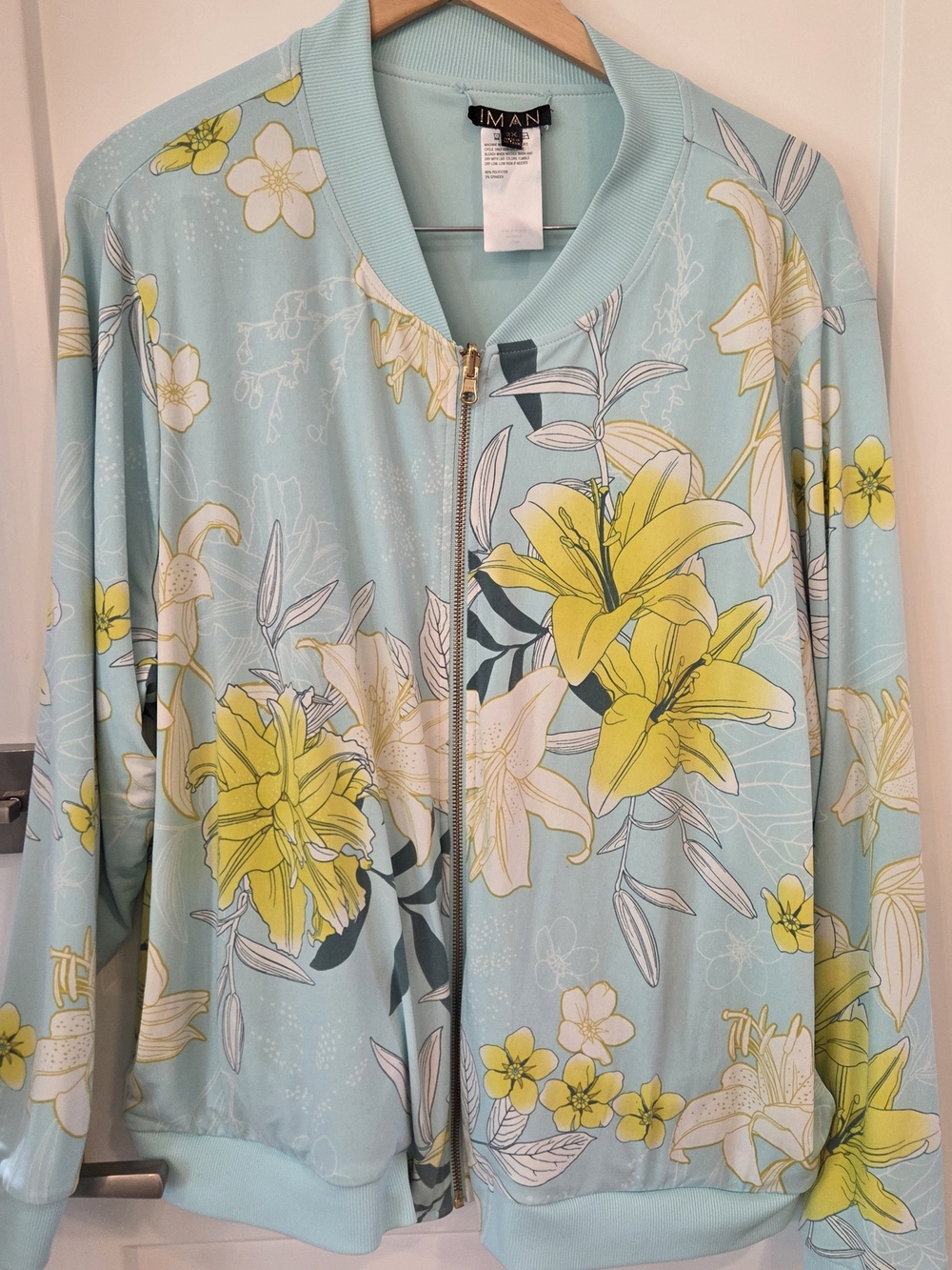 IMAN Global Chic Floral Bomber Jacket Womens 2X Blue Yellow Lily Print Zip Y2K